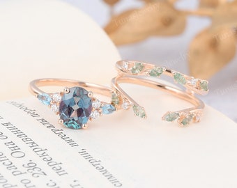 Oval cut Alexandrite ring set Vintage Rose gold engagement ring set Moss agate ring set Marquise aquamarine ring Moissanite marriage ring