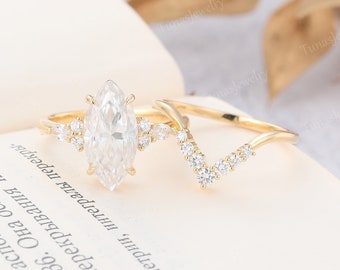 Marquise 7*14mm Moissanite anillo de compromiso conjunto oro amarillo simulado anillo de diamantes conjunto marquesa corte Cluster anillo conjunto Art deco Bridal set