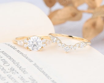 Unique Moissanite engagement ring set Yellow gold simulated diamond ring set Marquise Moissanite Cluster ring set Art deco Bridal set