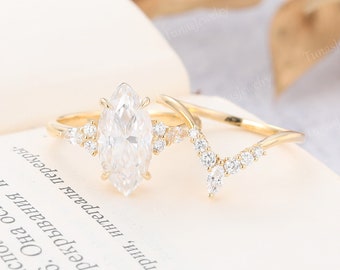 Anillo de compromiso Moissanite de corte marquesa de 7 * 14 mm, anillo de diamantes simulado de oro amarillo, anillo de racimo único, conjunto nupcial Art deco, anillo de promesa