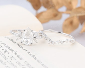 Pear shaped Moissanite engagement ring set Women White gold ring set Unique Moissanite Cluster ring Art deco ring Bridal set Promise ring