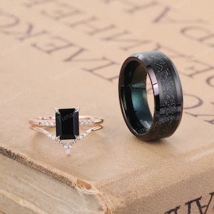 Unique Black onyx engagement ring set Moissanite Couples Ring Set His and Her wedding band Tungsten Men&#39;s band Couples Ring Promise Ring