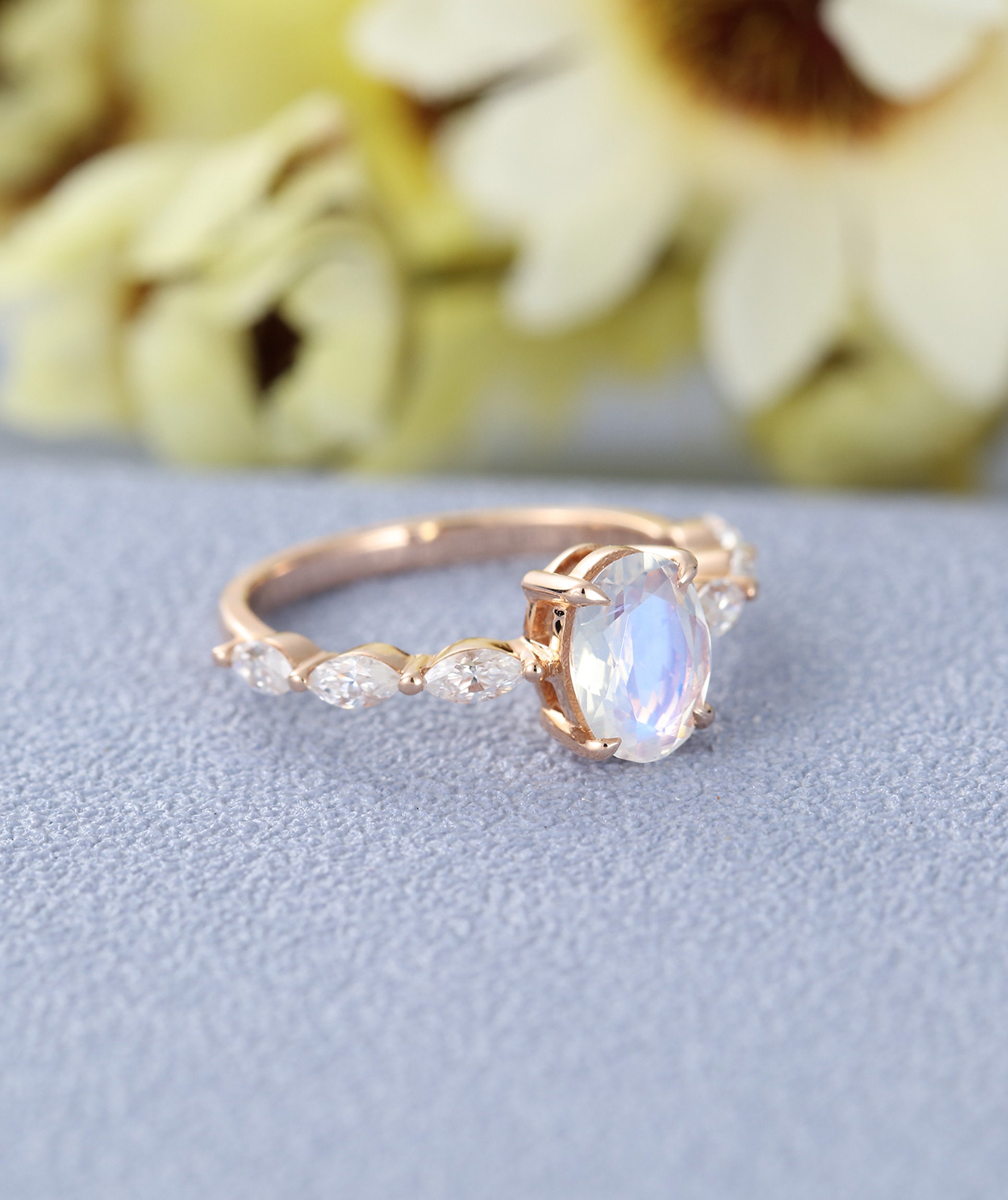 Moonstone engagement ring rose gold band engagement ring oval | Etsy