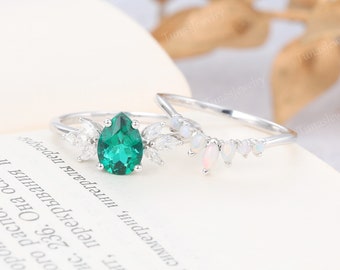 Birnenförmiges Smaragd-Ring-Set Vintage-Weißgold-Opal-Verlobungsring-Set Simulierter Diamant-Cluster-Brautset Marquise-Schliff-Moissanit-Ring