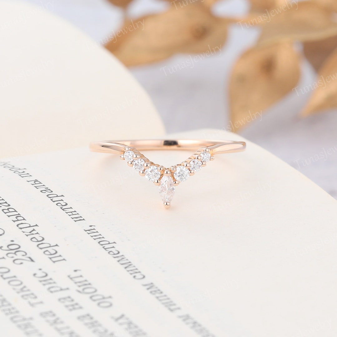 Marquise Cut Moissanite Wedding Band Rose Gold Curved Wedding Band Art ...