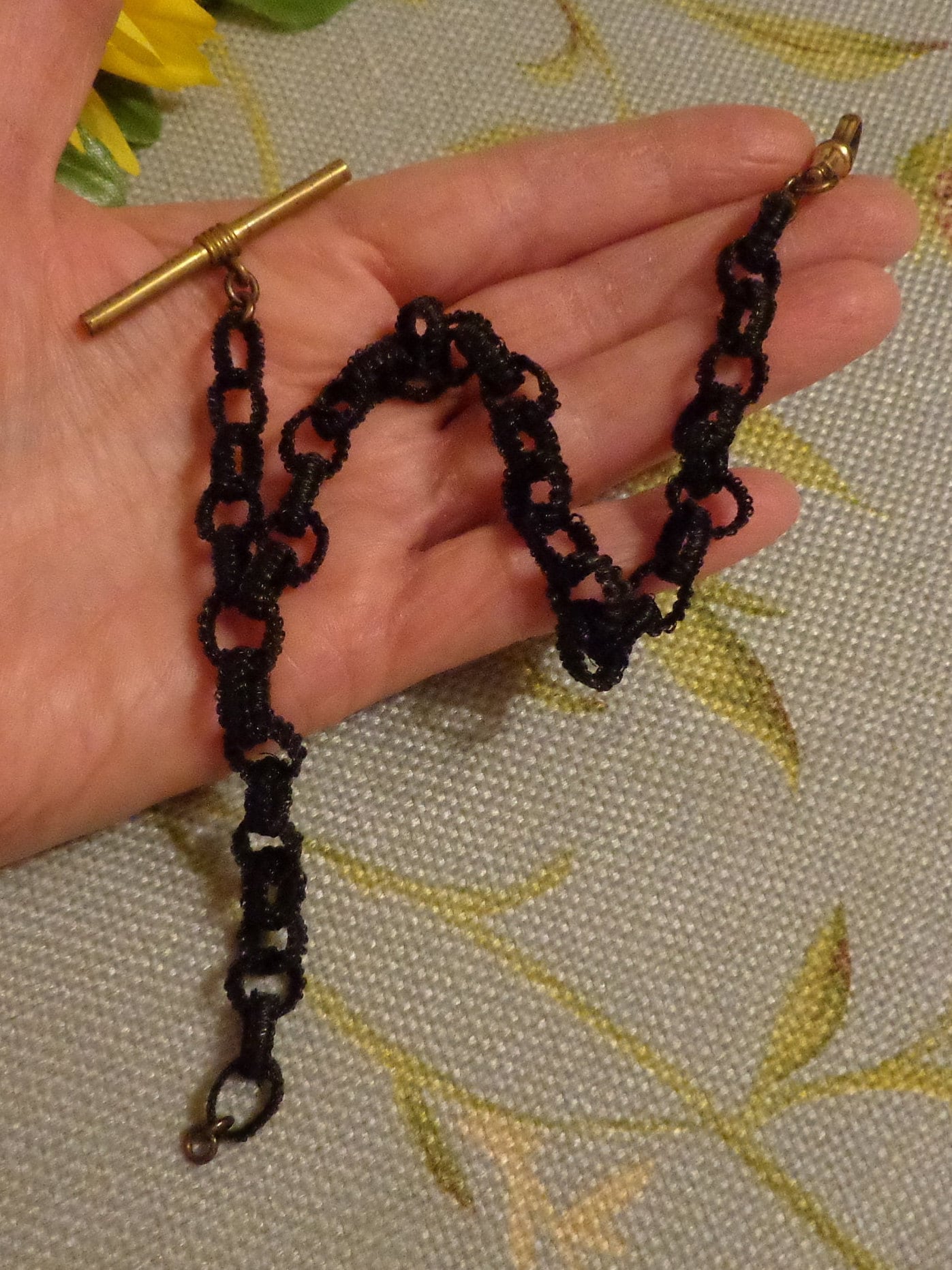 Victorian Dark Horsehair Watch Chain With Gold Filled Toggle and Swivel