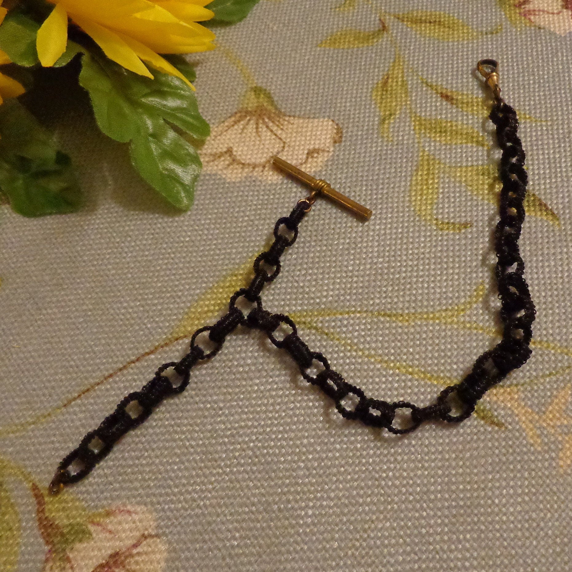 Victorian Dark Horsehair Watch Chain With Gold Filled Toggle and Swivel