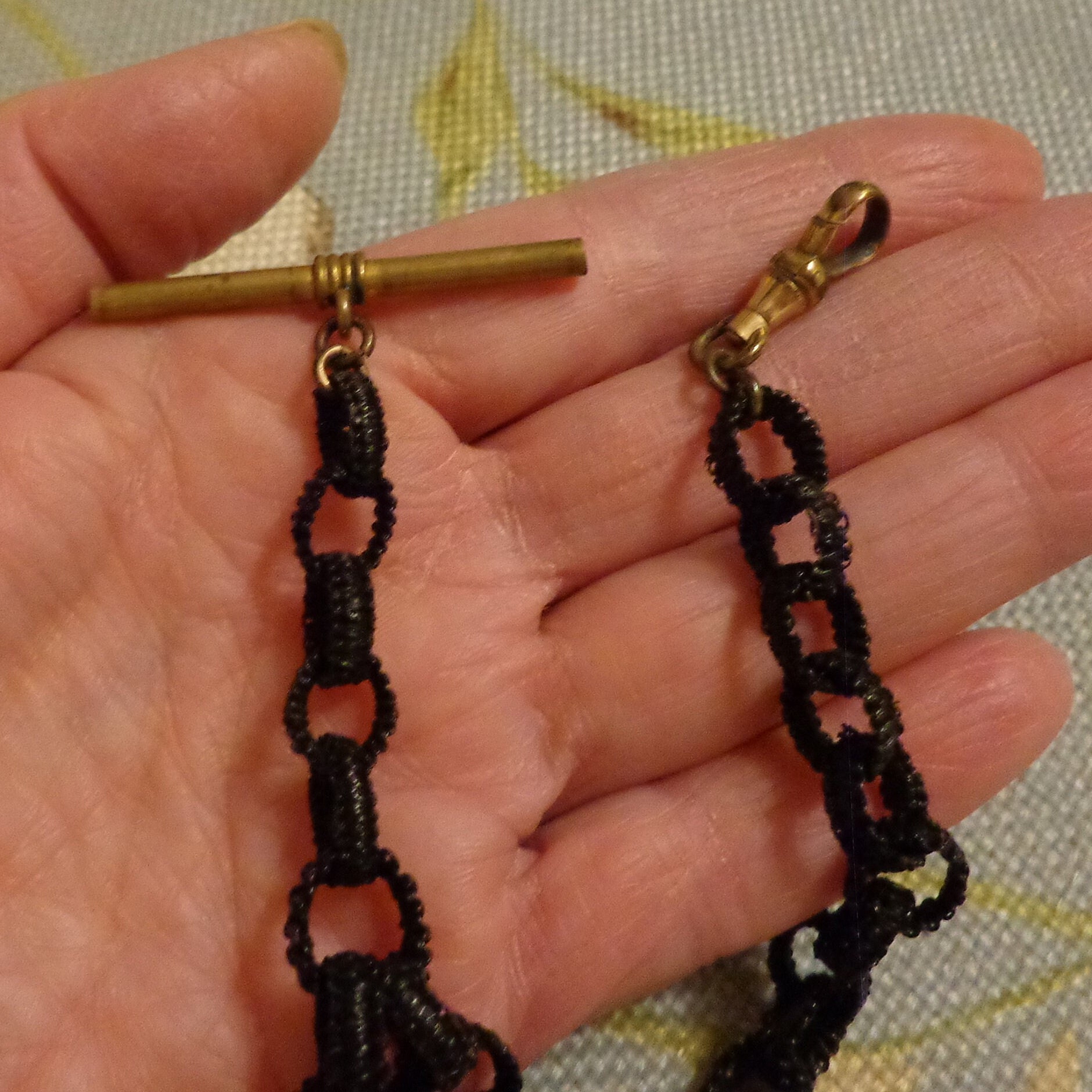 Victorian Dark Horsehair Watch Chain With Gold Filled Toggle and Swivel