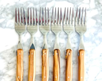 Laguiole Forks Set of 6 | Authentic Laguiole Forks | Olive Wood Handle - Laguiole Cutlery, Serrated Blade, Made in France