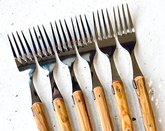 Laguiole Forks Luxury Set of 6 | Olive Wood Handle | Authentic Laguiole Cutlery - High Grade Stainless Steel, Hand Carved, Made in France