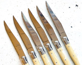 6 couteaux de table Laguiole, 6 Laguiole lame acier microdentée, manche ABS, 4 couleurs, usage quotidien, entretien lave vaisselle