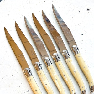 Cuchillos de carne Laguiole, juego de 6 cuchillos, acero inoxidable, mango ABS, hechos a mano, 4 colores, lavavajillas, cuchillos franceses White horn