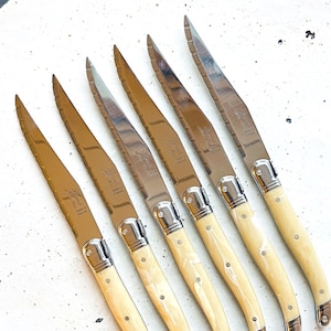 French Modern Jean Dubost Laguiole Handmade Stainless Steel and Ebony Black  Resin Steak Knives - Set of 6