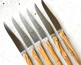 Laguiole Steak Knives Set of 6 | Olive Wood Handles, Made in France