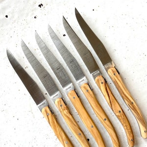 Laguiole Knives Luxury Set of 6 Olive Wood Handle Authentic Laguiole Cutlery High Grade Stainless Steel, Hand Carved, Made in France image 1