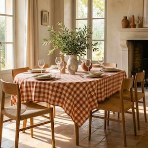 Vichy cotton tablecloth in terracotta, rectangular French table linen, 2 sizes available