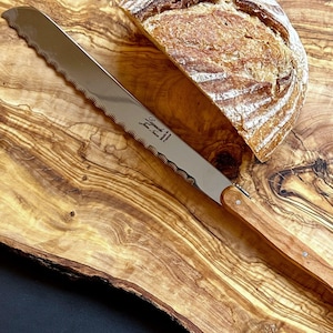 Laguiole Bread Knife - Olive Wood Handle, Serrated Blade, Made in France