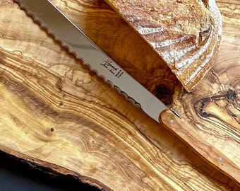 Laguiole Bread Knife - Olive Wood Handle, Serrated Blade, Made in France