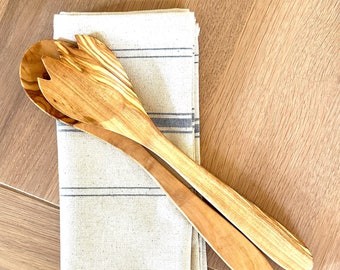 Olive Wood Salad Servers | Artisan Olive Wood Salad Tongs – Handmade, Sustainable, Ethically Sourced, Natural Olive Wood