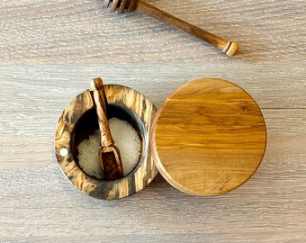 Olive Wood Salt Pot With Magnetic Lid and Spoon | Ethically Sourced, Natural Olive Wood, Handmade, Artisan Salt Bowl, Salt Keeper