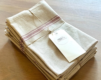 6 Rustic French Linen Tea Towels | Set of 6 Natural Linen Kitchen Towels - Thick Linen, 220 Thread Count, Natural Linen, Made in France