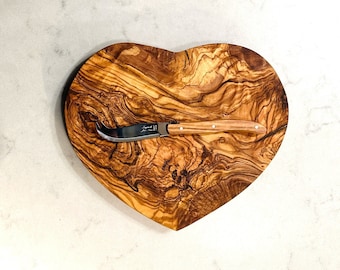 Olive Wood Heart Shaped Board | Heart Cheese Board set with Laguiole Cheese Spreader - Handcrafted, Sustainable Olive Wood, Handmade