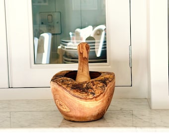 Olive Wood Pestle and Mortar | Available in 2 Sizes- Sustainable Olive Wood, Handmade, Natural Olive Wood