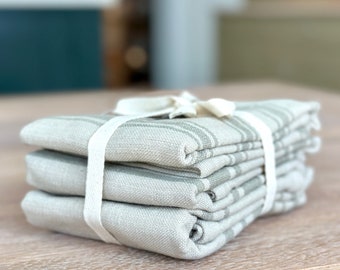 Set of French Cotton Tea Towels Kitchen Cloths With Sage Grey