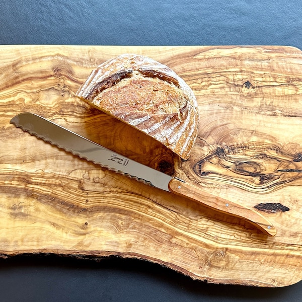 Cuchillo de pan Laguiole, acero inoxidable, mango de madera de olivo, hoja de sierra, cuchillo de pan hecho a mano, cuchillo de pan francés