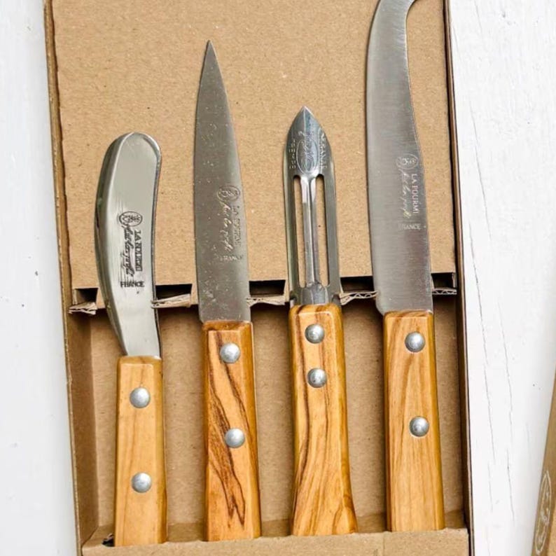 Olive Wood Kitchen Knife Set | French Cheese Knives, Paring Knife, Spreader, Peeler image 4
