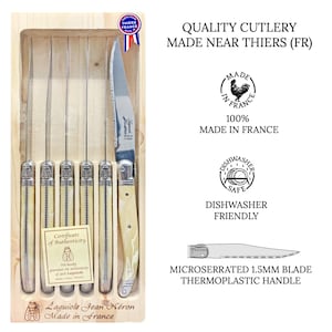 May include: Set of six Laguiole Jean H&eacute;ron pocket knives with ivory-colored handles and stainless steel blades. The knives are displayed in a wooden box with a certificate of authenticity. The knives are made in France and are dishwasher safe.