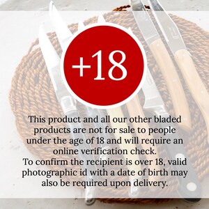 May include: A red circle with the number 18 in white text, surrounded by a group of knives with wooden handles. The text below reads: "This product and all our other bladed products are not for sale to people under the age of 18 and will require an online verification check. To confirm the recipient is over 18, valid photographic id with a date of birth may also be required upon delivery."