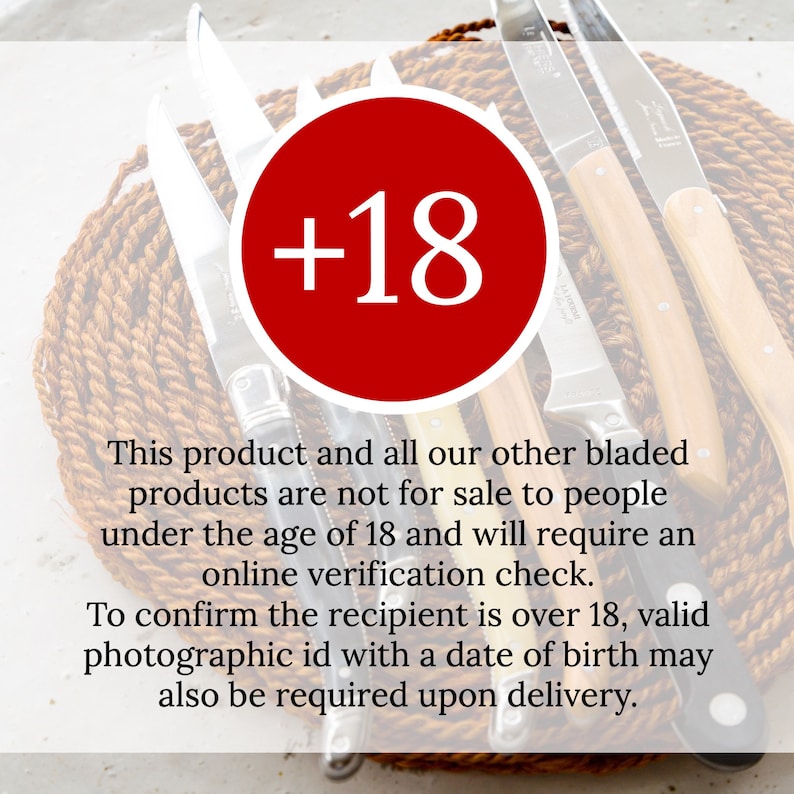May include: A red circle with the number 18 in white text, surrounded by a group of knives with wooden handles. The text below reads: "This product and all our other bladed products are not for sale to people under the age of 18 and will require an online verification check. To confirm the recipient is over 18, valid photographic id with a date of birth may also be required upon delivery."
