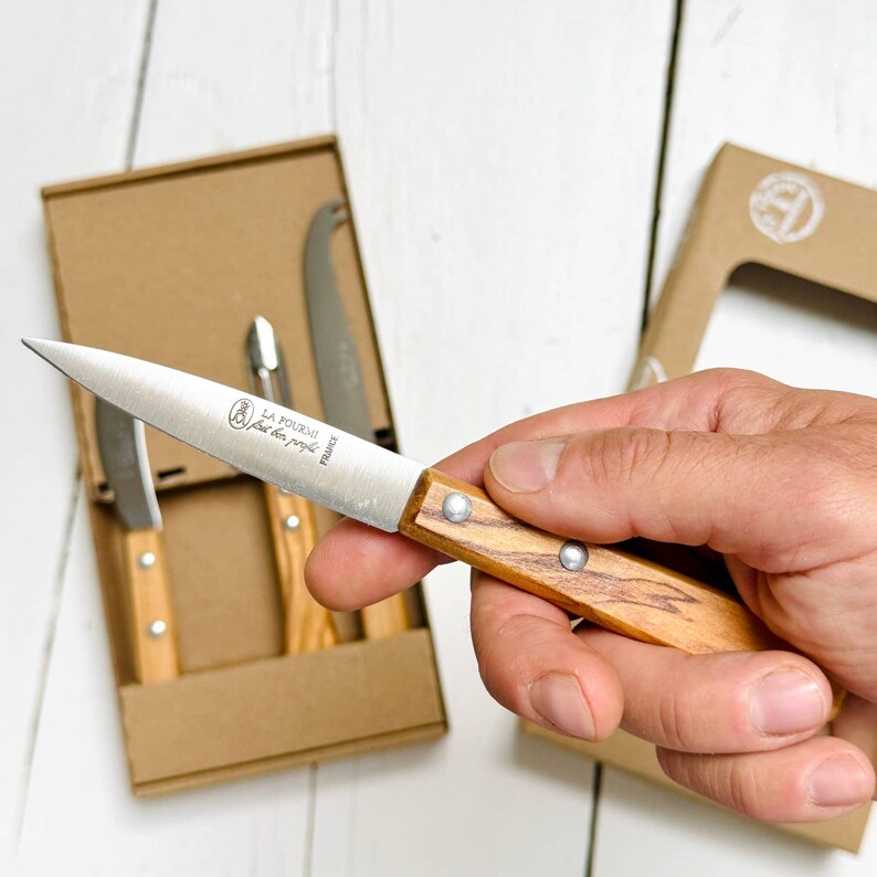 Ktchen paring knife in hand with olive wood handle