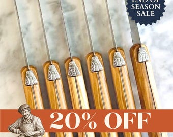 Laguiole Serrated Table Knife Set – 6 Piece French Dining Cutlery with Olive Wood Handles – Made in France