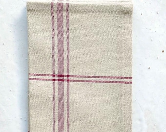 French Linen Tea Towel - Rustic Kitchen Cloth With Red Stripes