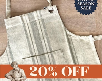 French Stripe Cotton Apron | Jute & Sage Grey, Adjustable