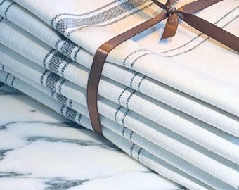 Set of 6 French Linen & Cotton Kitchen Towels – White with Grey Stripes