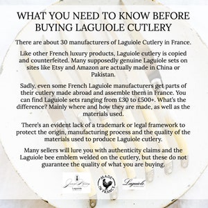 May include: A text-based infographic about Laguiole cutlery, a type of French cutlery. The infographic explains that many Laguiole sets sold online are actually made in China or Pakistan, and that even some French manufacturers get parts of their cutlery made abroad. The infographic also mentions that there is no trademark or legal framework to protect the quality of Laguiole cutlery.