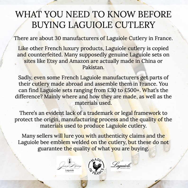 May include: A text-based infographic about Laguiole cutlery, a type of French cutlery. The infographic explains that many Laguiole sets sold online are actually made in China or Pakistan, and that even some French manufacturers get parts of their cutlery made abroad. The infographic also mentions that there is no trademark or legal framework to protect the quality of Laguiole cutlery.