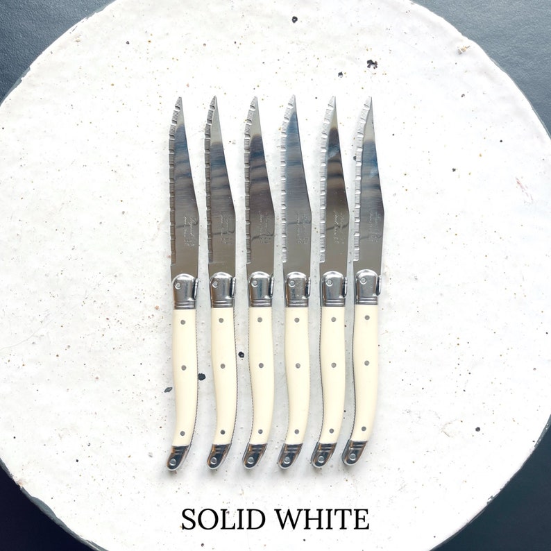 Cuchillos de carne Laguiole, juego de 6 cuchillos, acero inoxidable, mango ABS, hechos a mano, 4 colores, lavavajillas, cuchillos franceses Solid white