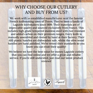 May include: A close-up of four Laguiole knives with olive wood handles. The knives are made in France and feature high-quality tempered stainless steel. The text "WHY CHOOSE OUR CUTLERY AND BUY FROM US?" is at the top of the image.