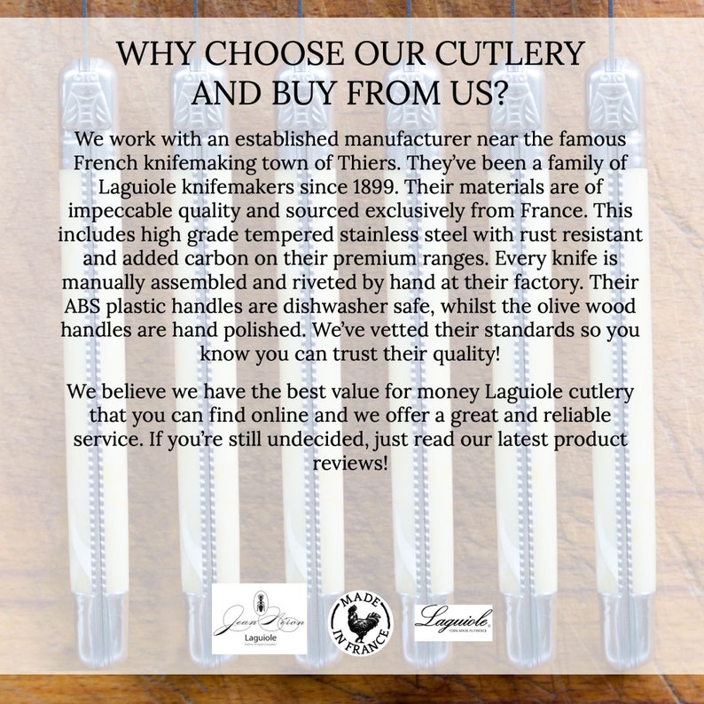 May include: A close-up of four Laguiole knives with olive wood handles. The knives are made in France and feature high-quality tempered stainless steel. The text "WHY CHOOSE OUR CUTLERY AND BUY FROM US?" is at the top of the image.