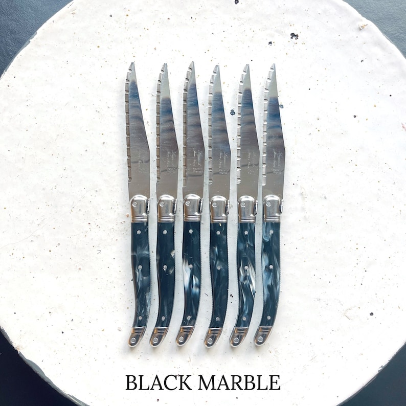 Cuchillos de carne Laguiole, juego de 6 cuchillos, acero inoxidable, mango ABS, hechos a mano, 4 colores, lavavajillas, cuchillos franceses Black marble