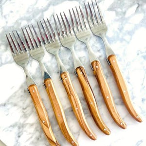 Tenedores de madera Laguiole, juego de 6 tenedores Laguiole, mango de olivo, acero inoxidable, cubertería Laguiole auténtica, hecha a mano