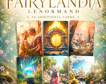 May include: A deck of Fairylandia Lenormand cards featuring 36 additional cards. The display shows six cards numbered 47, 37, 55, 52, 50, and 64, each with colorful illustrations of figures, a stone archway, a deer, a crystal ball, a cat, and a castle.