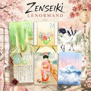 Op de afbeelding: Een Zenseiki Lenormand kaartenset met zes geïllustreerde kaarten genummerd 22, 24, 17, 27, 13 en 21. De kaarten tonen een bamboebos, een hartvormig venster, kraanvogels, een theeset met kalligrafie, een persoon in kimono en een berg.