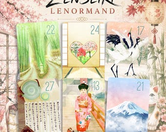 以下が含まれることがあります： Zenseiki Lenormandカードデッキ。22、24、17、27、13、21の番号が振られた6枚のイラストカード。竹林、ハート型の庭、鶴、書道のある茶器セット、着物を着た人物、山が描かれています。