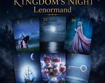 以下が含まれることがあります： Kingdom's Night Lenormandデッキ。馬に乗った騎士、水面に浮かぶ満月、ドレスを着た人物、帆船、花束、青い背景に描かれた金の鍵など、暗く雰囲気のある画像が描かれた6枚のカードで構成されています。