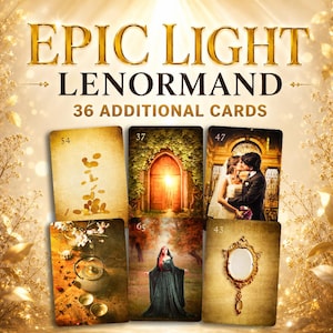 May include: A deck of cards titled Epic Light Lenormand 36 Additional Cards. The image displays six cards featuring illustrations of gold coins, a stone archway, a couple, a teapot, a person in a cloak, and an ornate hand mirror.